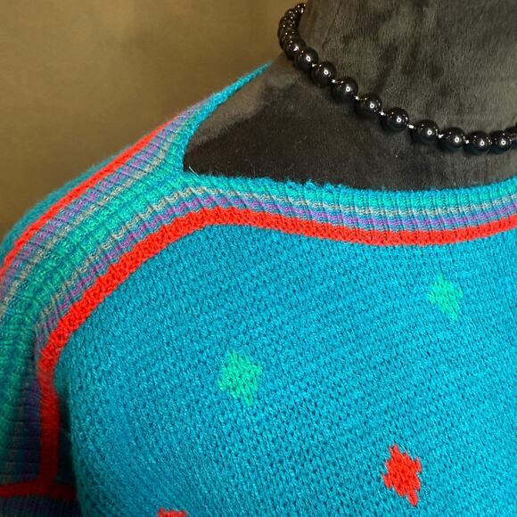 Vintage Jason Maxwell Sweater 80s Geometric Knit Turquoise Pullover Korea XL - Picture 6 of 9